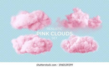 Realistic pink fluffy clouds set isolated on transparent background. Cloud sky background for your design. Vector illustration