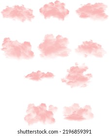 Realistic pink fluffy clouds set isolated on transparent background. Cloud sky background for your design. Vector illustration