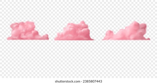 Realistic pink fluffy clouds. Set of vector icons. 3d cute swirling clouds isolated on transparent background