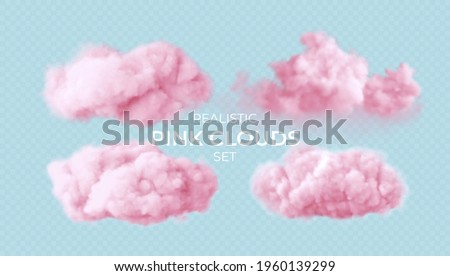 Realistic pink fluffy clouds set isolated on transparent background. Cloud sky background for your design. Vector illustration