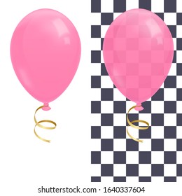 Realistic pink flying balloon with golden ribbon illustration. Isolated on white and checker background. Stock vector.