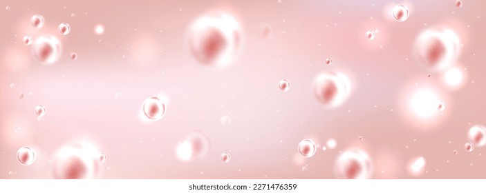 Realistic pink gel texture with air bubbles inside. Vector illustration of liquid substance with oil blobs, cosmetic product, collagen, hyaluron beauty care cosmetic product. Molecure structure