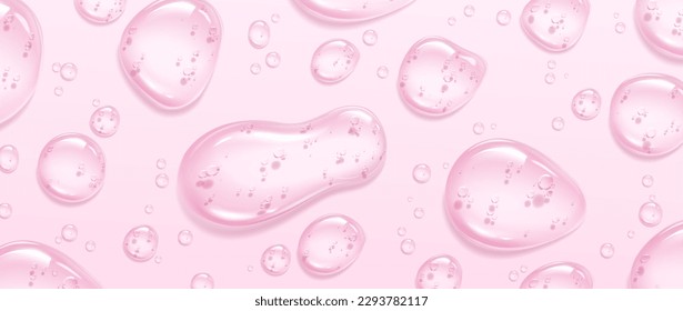 Textura realista de gel rosa con burbujas de suero transparentes en la superficie. Ilustración vectorial del producto de cuidado de belleza. Gotas de colágeno, gotitas de esencia vitamínica, sustancia cosmética líquida, aceite de spa