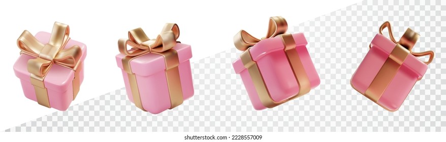 Realistic pink gifts boxes set. 3d illustration Valentine gift boxes with gold bows and ribbons. Festive decorative 3d render vector object.