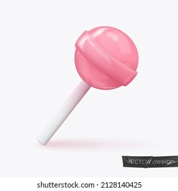 Realistic pink glossy candy on a stick, lollipop with shadow. Look like 3d rendering. Vector illustration for card, party, design, flyer, poster, decor, banner, web, advertising.