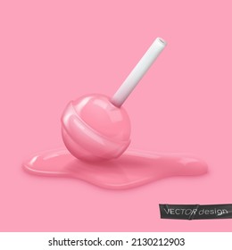 Realistic Pink Glossy Melted Candy On A Stick, Lollipop In Caramel Puddle. Look Like 3d Rendering. Vector Illustration For Card, Party, Design, Flyer, Poster, Decor, Banner, Web, Advertising.