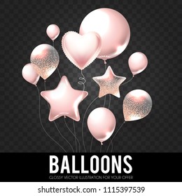 Realistic Pink Glossy and Transparent Balloons with Confetti. Holiday, Sale and Party Decoration. Birtday. Wedding, Greetings, Congratulations, Anniversary, Win and so on. Vector illustration
