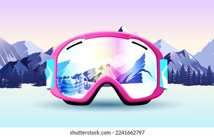 Realistic pink goggles of woman skier and snowboarder with Alps rocks on background. Winter sporting activity banner with colorful face equipment. Mirror glass with mountains view. Vector illustration