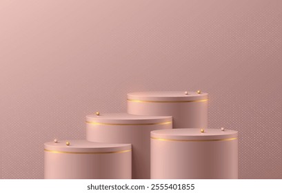 Realistic pink gold 3D cylindrical podium background with lighting wall scene. Minimalist 3D mockup pedestal. Abstract luxury product display presentation. Stage for showcase. Platforms vector design.