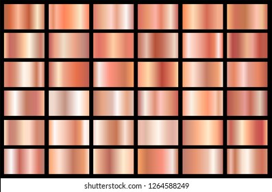 Realistic pink gold gradient texture pack. Shiny golden rose metal foil gradient set. Vector illustration