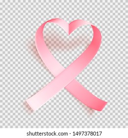 Realistic pink heartshaped ribbon over transparent background with shadow. Symbol of national breast canser awareness month in october. Vector illustration.