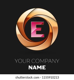 Realistic Pink Letter E logo symbol in the golden colorful circle shape on black background. Vector template for your design