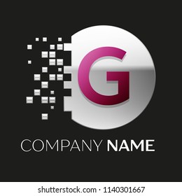 Realistic Pink Letter G logo symbol in the silver colorful pixel circle shape with shattered blocks on black background. Vector template for your design