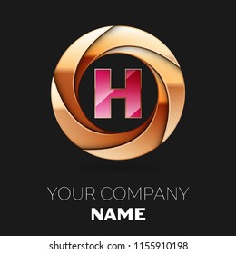 Realistic Pink Letter H logo symbol in the golden colorful circle shape on black background. Vector template for your design