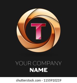Realistic Pink Letter T logo symbol in the golden colorful circle shape on black background. Vector template for your design