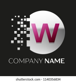 Realistic Pink Letter W logo symbol in the silver colorful pixel circle shape with shattered blocks on black background. Vector template for your design
