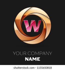 Realistic Pink Letter W logo symbol in the golden colorful circle shape on black background. Vector template for your design