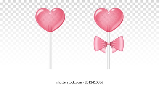 Realistic pink lollipop. Two isolated heart shaped candies on stick with bow