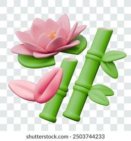 Realistic pink lotus flower, petals, bamboo stems and leaves. Isolated vector composition