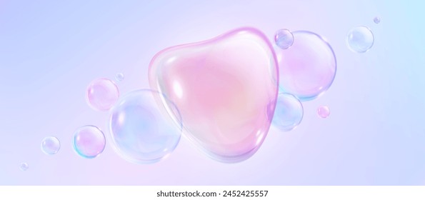 Realistic pink magic dream soap bubble background with light reflection on ball for game. Abstract glass sphere dreamy illustration. Laundry foam design for banner bg with floating cleaning orb