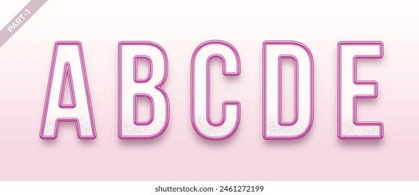 Realistic pink metal font. Pink gold ouline font. Metallic 3d typeface. English alphabet. Vector illustration.