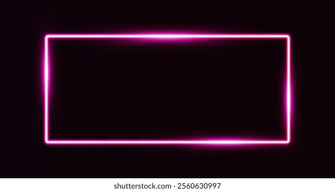 Realistic pink neon rectangle frame on dark background. Fashion retro frame with glow effect. Illuminated geometric shape. Electric light horizontal neon lamp. Vector illustration