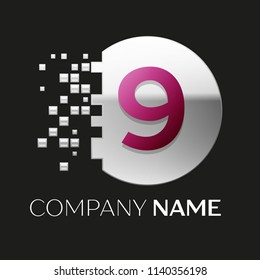 Realistic Pink Number Nine logo symbol in the silver colorful pixel circle shape with shattered blocks on black background. Vector template for your design