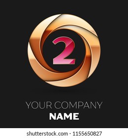 Realistic Pink Number Two logo symbol in the golden colorful circle shape on black background. Vector template for your design