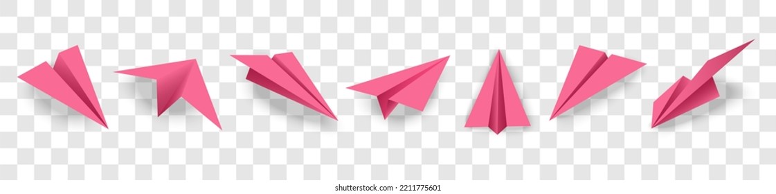 Realistic pink paper plane and origami airplane icon set. 3D model of planes isolated on transparent background.vector in eps 10