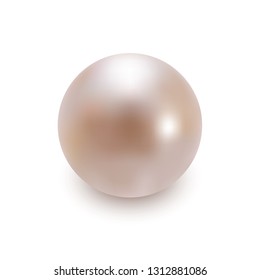 Realistic pink pearl with shadow isolated on white background. Shiny oyster pearl for luxury accessories. Sphere shiny sea pearl. Beautiful natural white pearl. Shiny 3D jewel with light effects