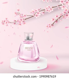 Realistic pink perfume bottle on the catwalk to advertise a perfume brand. Cosmetic product with cherry blossom background with flying petals.