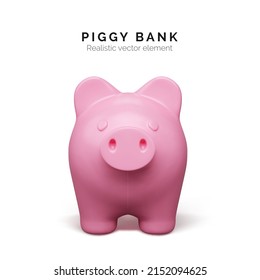 Vista frontal realista del cerdo rosa. Banco de cerdos aislado en un fondo blanco. El concepto de banco piggy de depósito e inversión de dinero. Ilustración del vector