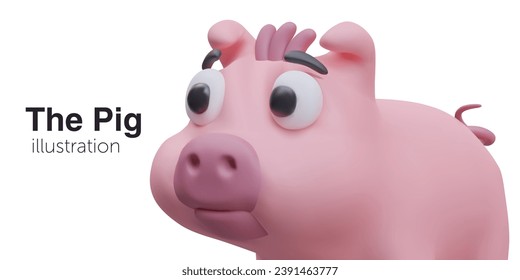 Realistic pink pig snout looking at text. Concept of animal for farm game. Cute cartoon character. Vector illustration in 3d style with place for text