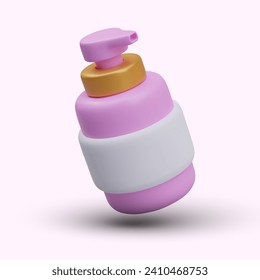 Realistic pink plastic bottle with dispenser. Modern pump bottle for liquid detergents and cosmetics. Cute colored packaging with gold decorative element and white label