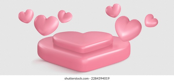 Realistic pink podium with hearts flying around isolated on transparent background. Vector illustration of platform in shape of love symbol. Product display mockup for sale presentation. Romantic gift