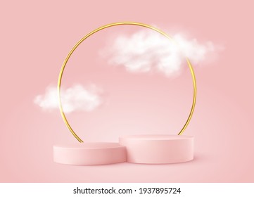 Realistic Pink product podium with golden round arch and clouds. Product podium scene design to showcase your product. Realistic 3d vector illustration EPS10