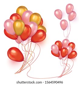 Realistic pink, red and golden balloons. Christmas background with floating party balloons. Vector illustration