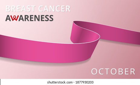 Realistic pink ribbon. Awareness breast cancer month poster. Vector illustration. World breast cancer day solidarity concept. Pink background