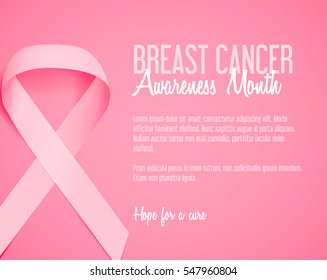 Realistic pink ribbon background template, breast cancer awareness symbol. Breast cancer awareness pink ribbon.