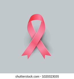 Realistic pink ribbon and breast cancer icon