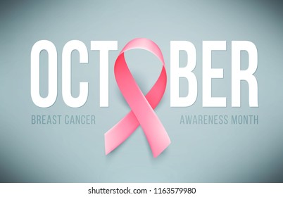 Realistic pink ribbon, breast cancer awareness symbol in october, vector illustration