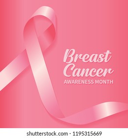 Realistic pink ribbon, breast cancer awareness month symbol, vector illustration with pink background. Medical design poster. Vector illustration template