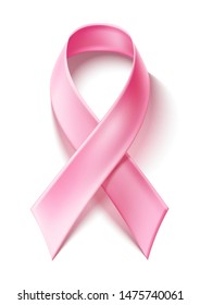 Realistic pink ribbon. Breast cancer awareness symbol. Female disease support month symbol. Vector silk bow, women hope sign. Healthcare emblem.