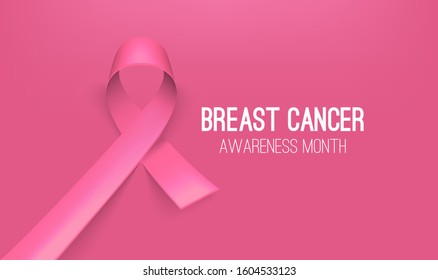 Realistic pink ribbon, breast cancer awareness symbol. Pink background, backdrop. Templates for placards, banners, flyers, presentations, reports, invitation, posters, brochure, voucher discount. EPS