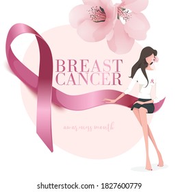 Realistic pink ribbon, breast cancer awareness symbol, vector illustration.  Woman, flower.