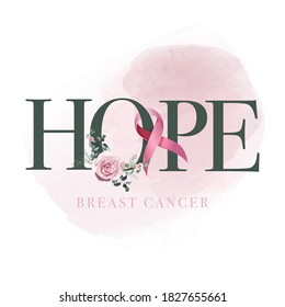 Realistic pink ribbon, breast cancer awareness symbol, hope, vector, illustration.  Woman, flower. 