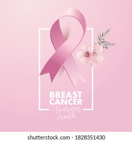 Cinta rosa realista, símbolo de conciencia del cáncer de mama, ilustración vectorial.  Mujer, flor.