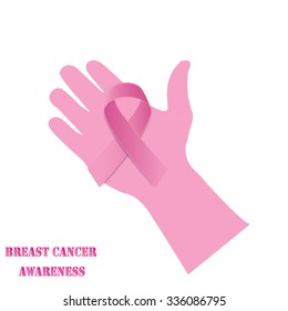 Realistic pink ribbon, breast cancer awareness on hand symbol, isolated on white. Vector illustration, eps10.