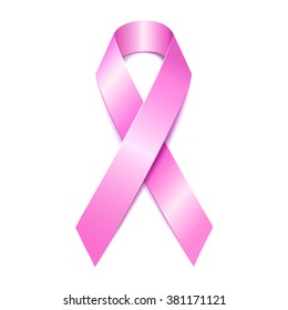 Realistic pink ribbon, breast cancer awareness symbol, isolated on white. Vector illustration