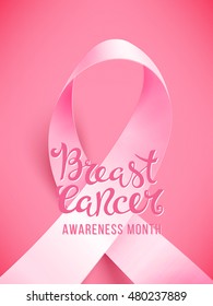 Realistic pink ribbon, breast cancer awareness symbol, vector illustration